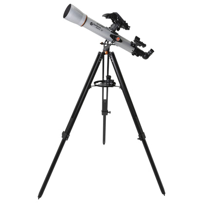 Celestron StarSense Explorer LT 70AZ sølv/sort 70 mm refraktor teleskop med stativ, justeringsgreb og søgekikkert.