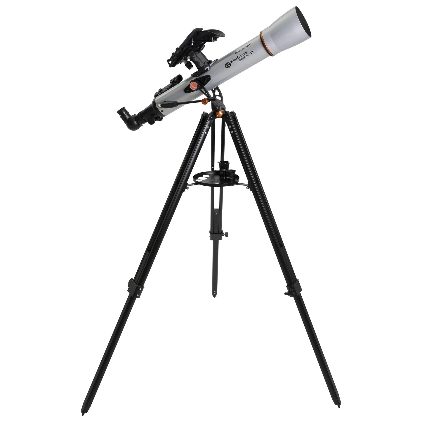 Celestron StarSense Explorer LT 70AZ teleskop 70 mm, sølv og sort, med sort trefod.