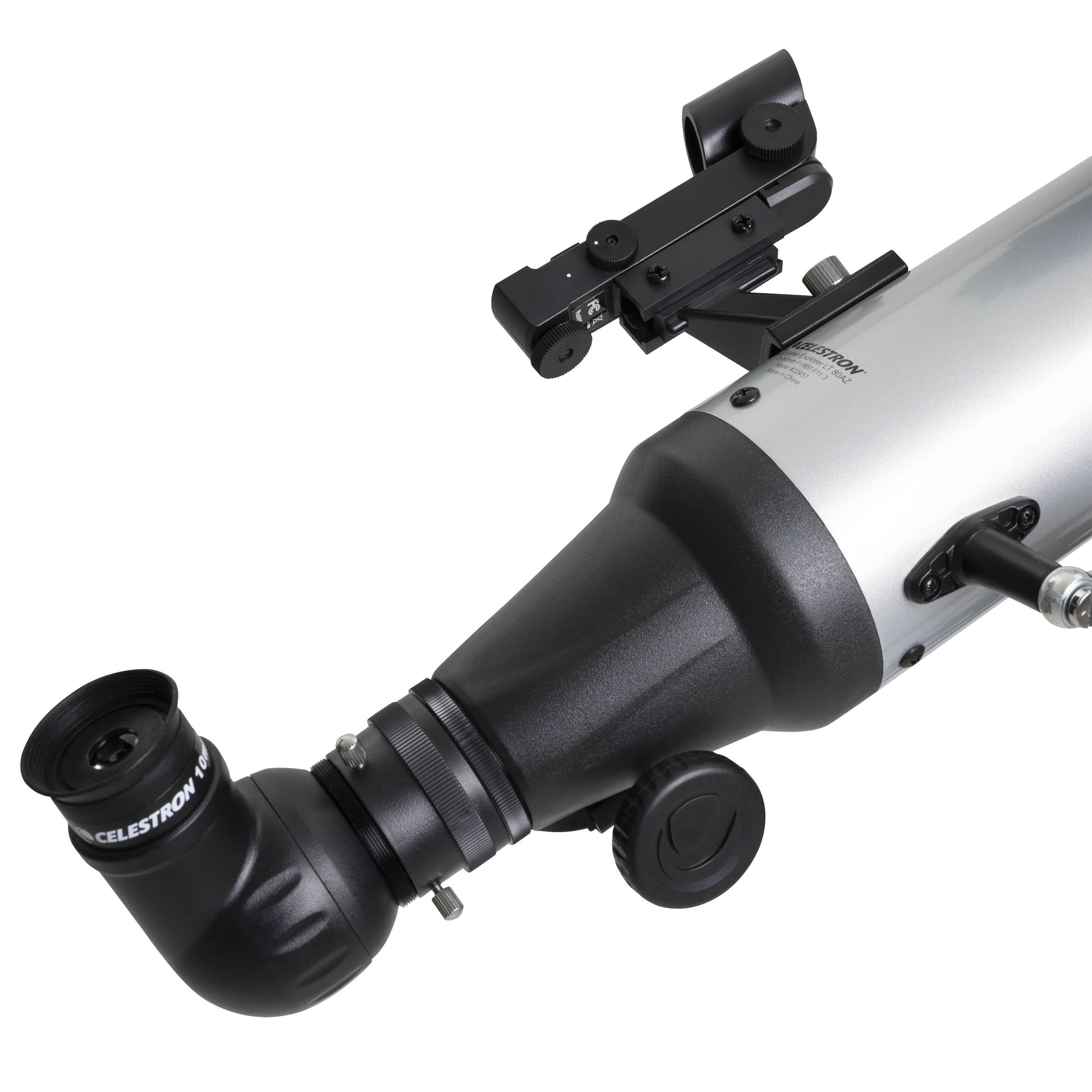Celestron StarSense Explorer LT 70AZ 70 mm teleskop med okular, justeringsknapper, rødpunktssigte og hovedrør.