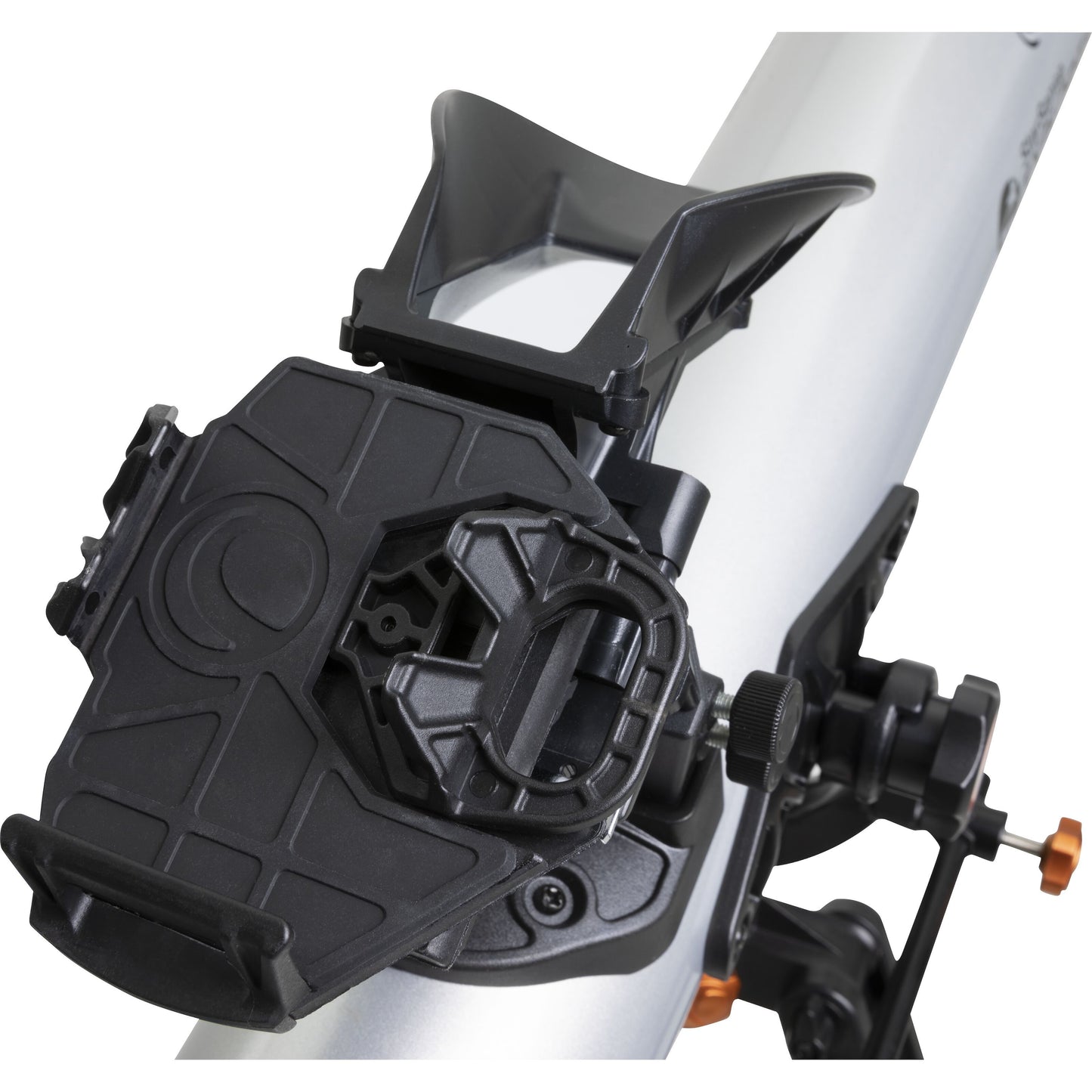 Celestron StarSense Explorer LT 70AZ sort plastbeslag med justeringsknapper og låsemekanisme på sølvfarvet rør.