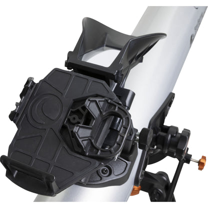 Celestron StarSense Explorer LT 70AZ sort plastbeslag med justeringsknapper og låsemekanisme på sølvfarvet rør.