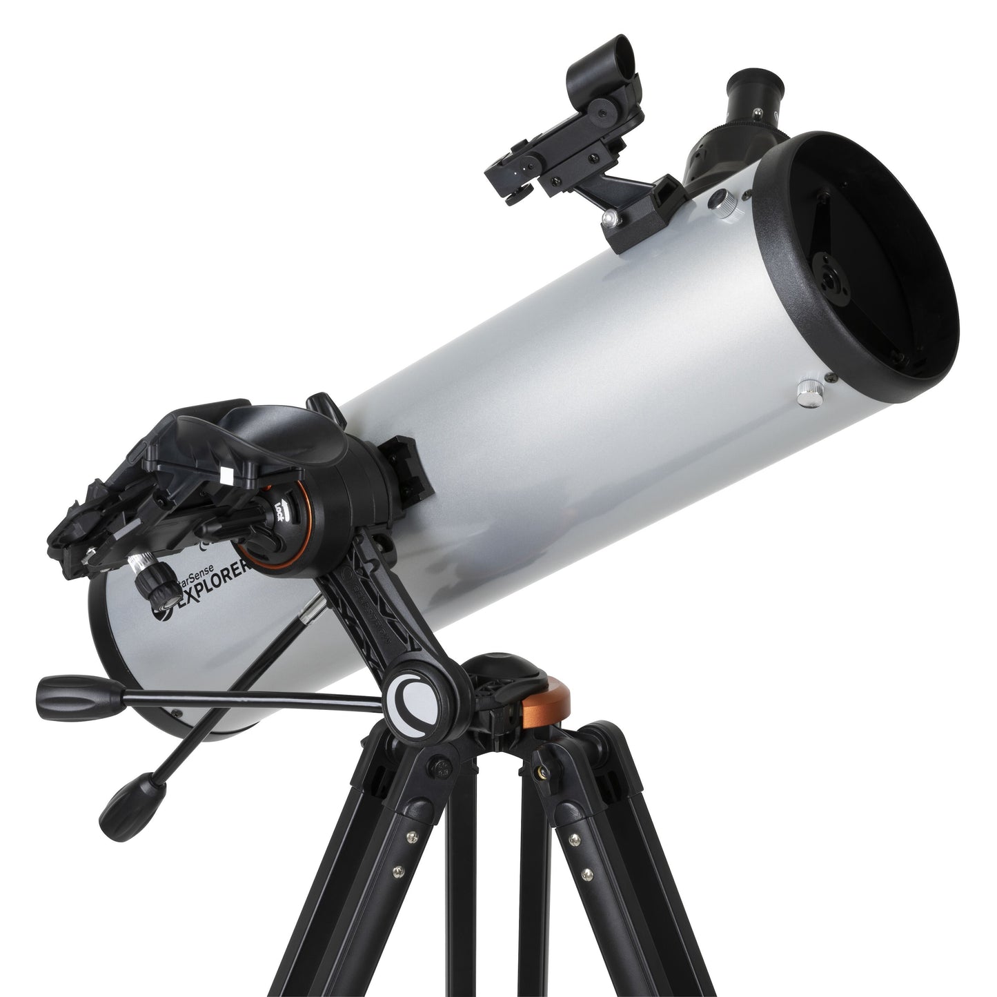 Celestron Starsense DX130 AZ teleskop 130 mm sølv/sort med stativ, justeringsknapper og søgekikkert.