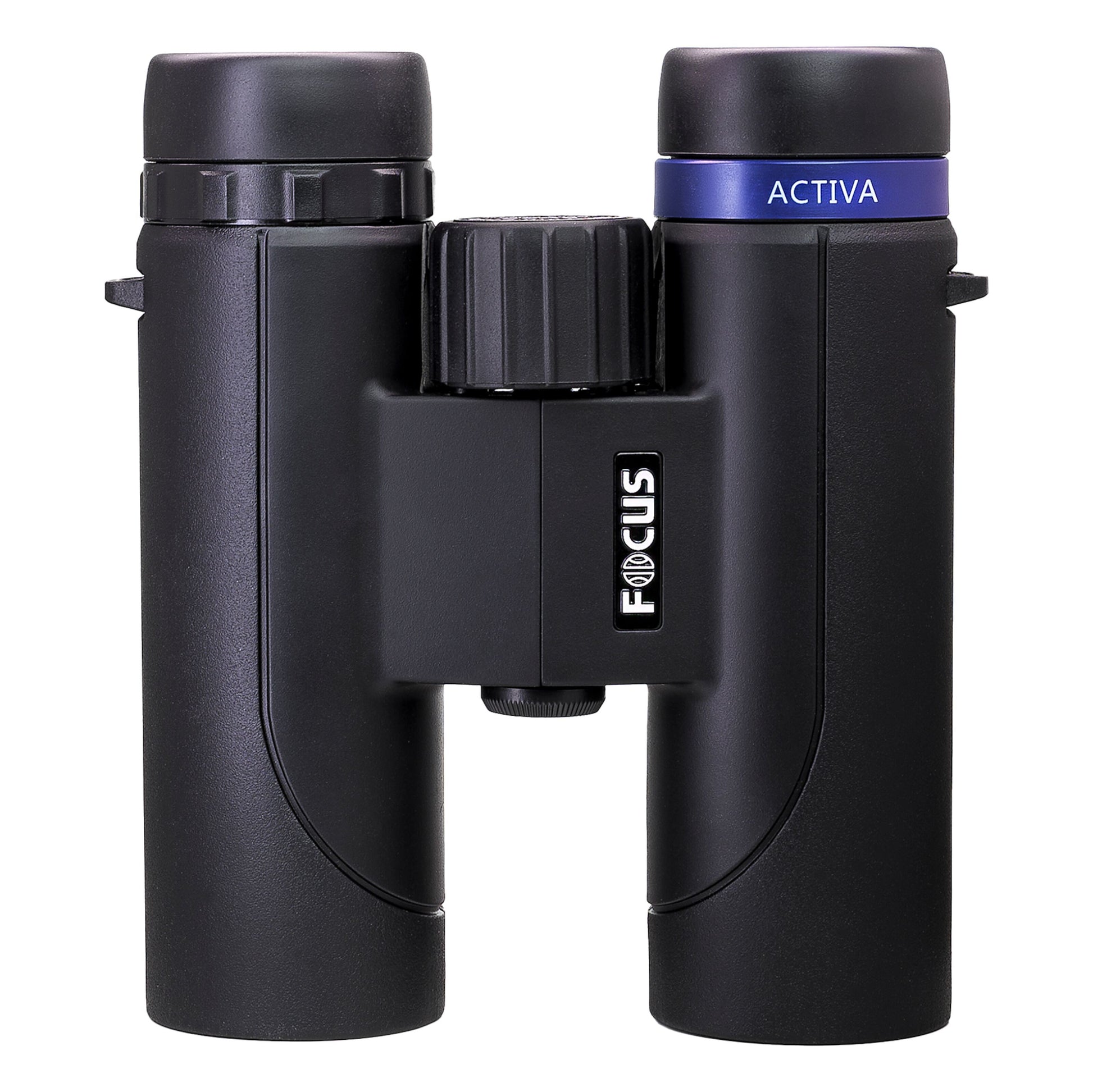 Focus Aktiv 10x32 kikkert, sort med blå detaljer, vejrbestandig, "ACTIVA" på højre rør, "FOCUS" på midterhængsel.