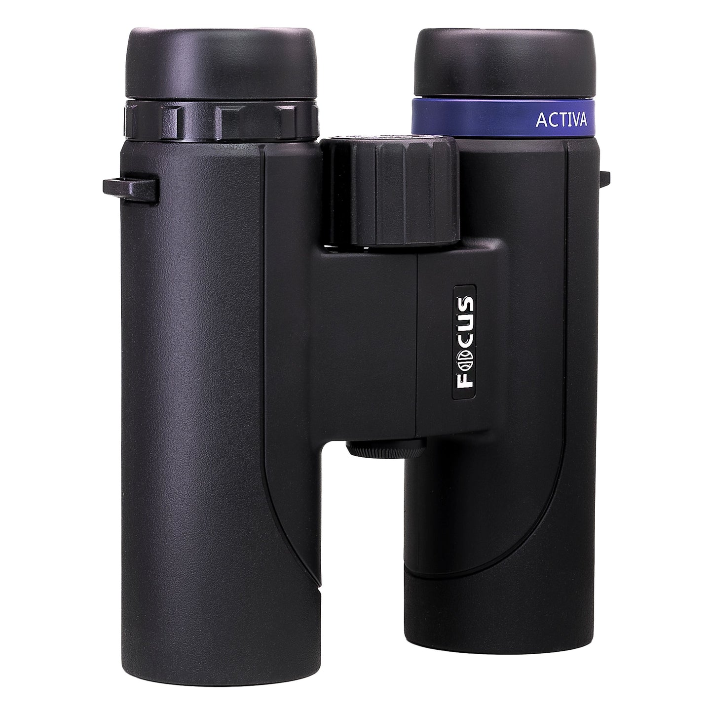 Focus Aktiv 10x32 kikkert, sort, vejrresistent, centralfokus, blå ACTIVA-ring på højre øjestykke, "FOCUS" i hvidt.