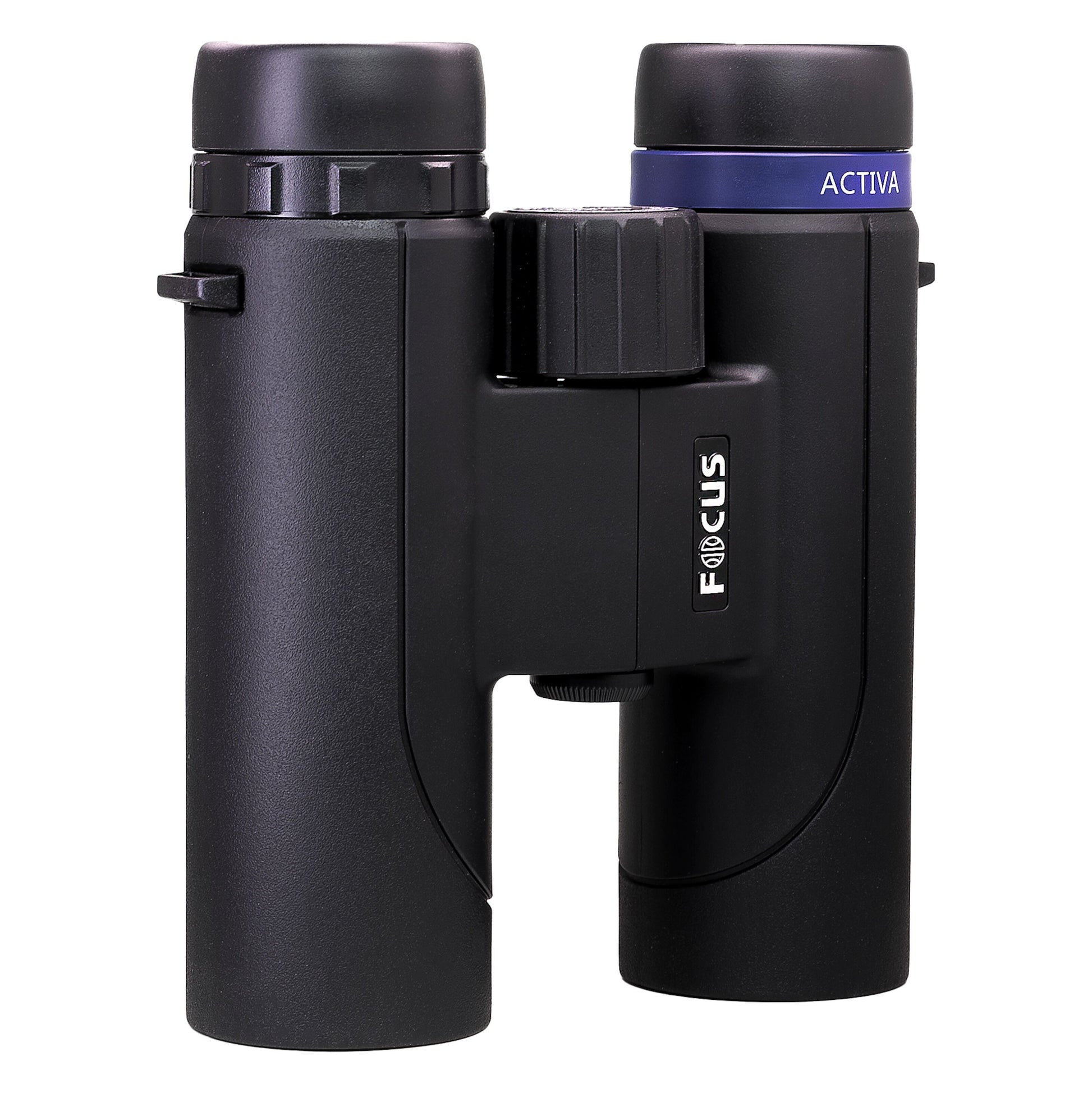 Focus Aktiv 10x32 kikkert, sort, vejrresistent, centralfokus, blå ACTIVA-ring på højre øjestykke, "FOCUS" i hvidt.