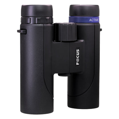 Focus Aktiv 10x32 kikkert, sort, vejrresistent, centralfokus, blå ACTIVA-ring på højre øjestykke, "FOCUS" i hvidt.