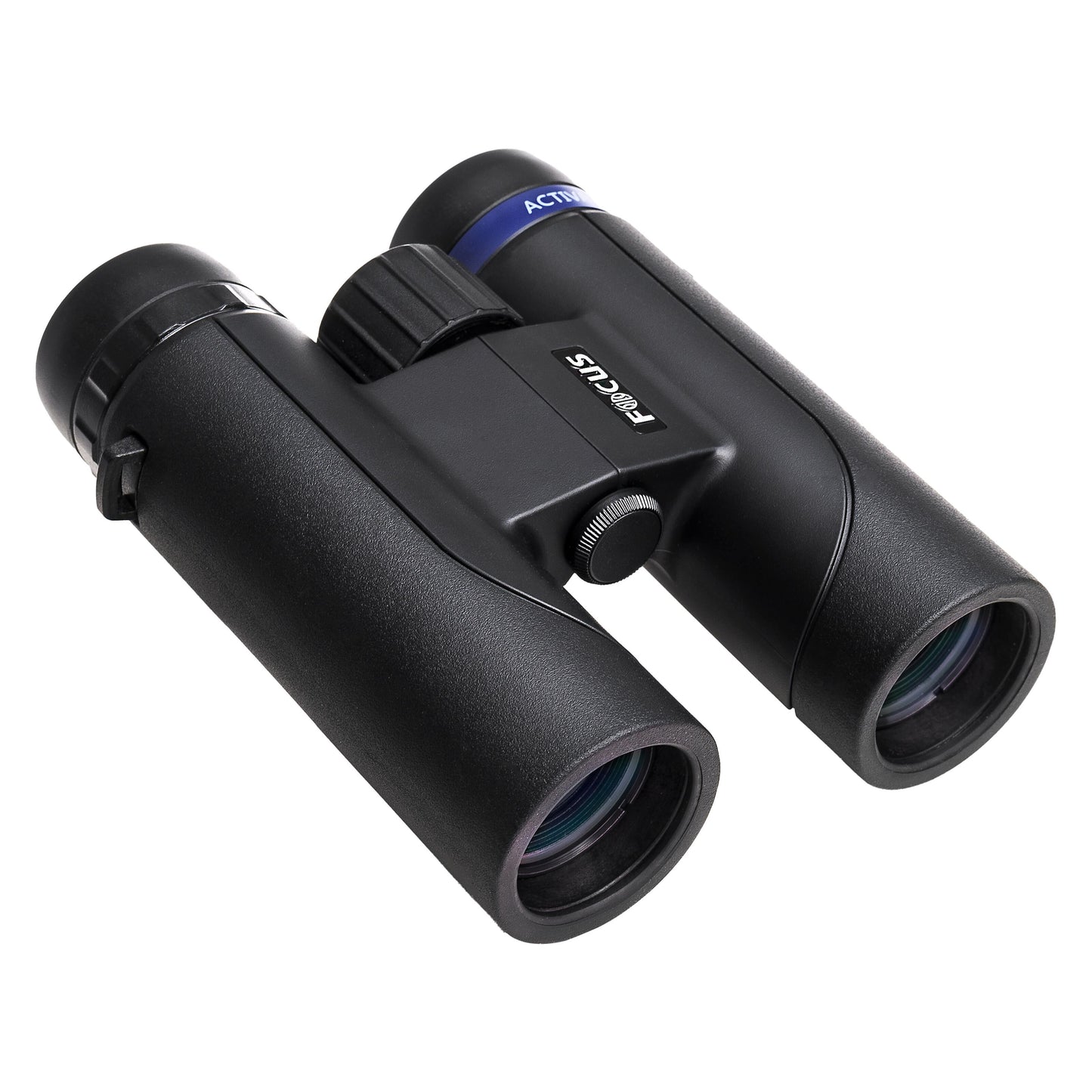 Focus Aktiv 10x32 kikkert i sort med blå-hvide detaljer, vejrbestandig, centralt fokuseringshjul.