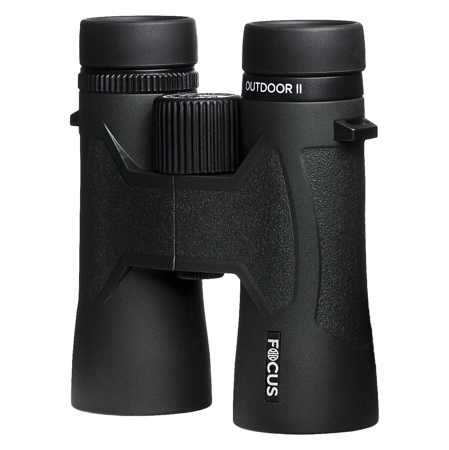 Focus Outdoor II 8x42 sorte kikkert, tekstureret greb, centreret fokushjul, modelnavn på okular og tønde.