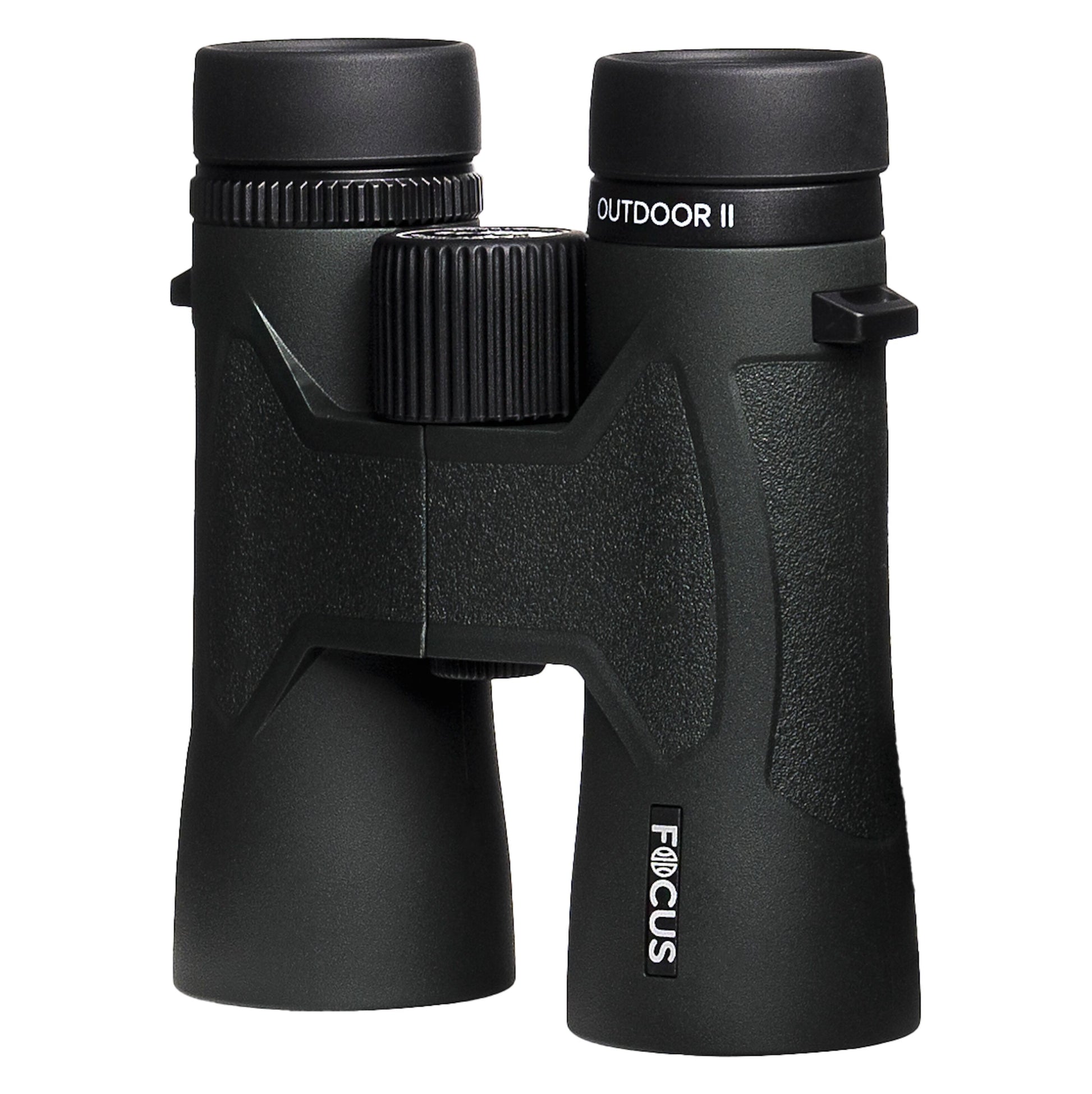Focus Outdoor II 8x42 sorte kikkert, tekstureret greb, centreret fokushjul, modelnavn på okular og tønde.