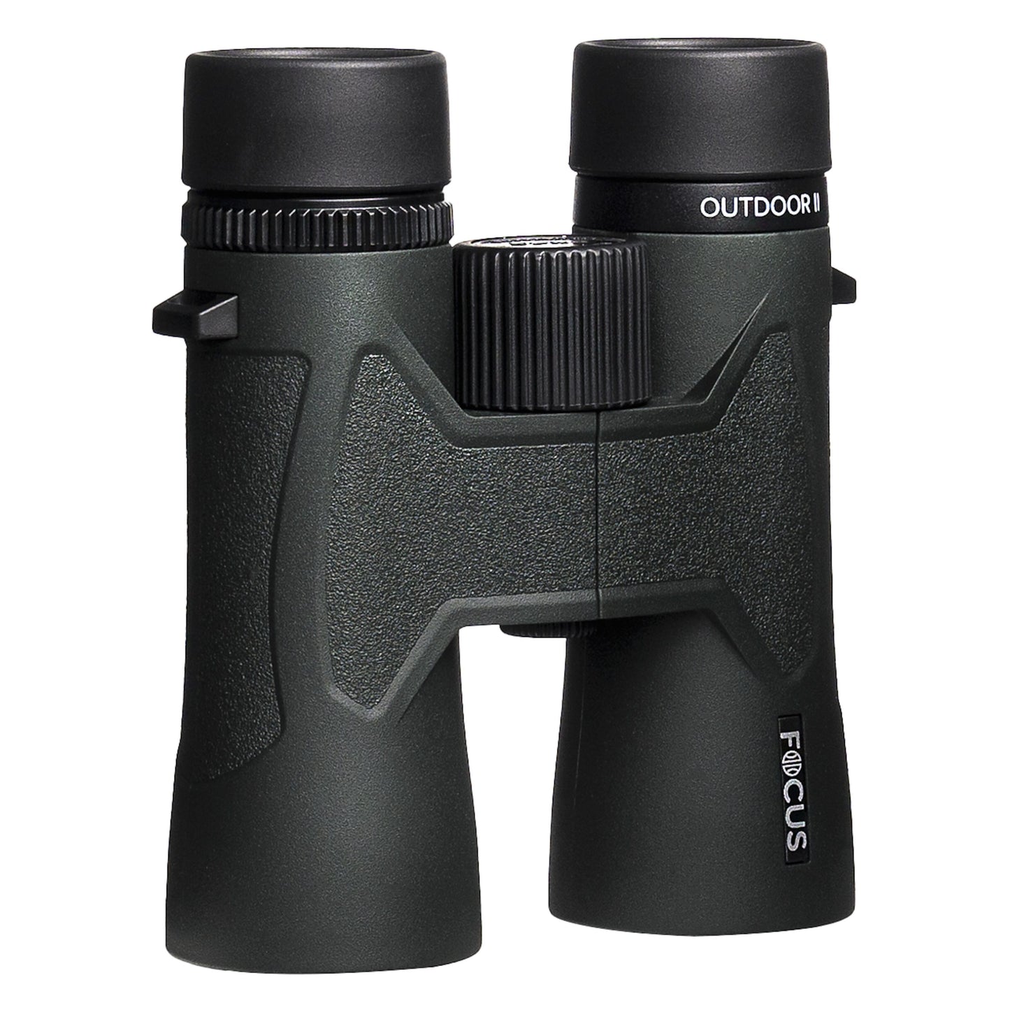 Focus Outdoor II 8x42 kikkert i sort med teksturerede greb, stående oprejst.