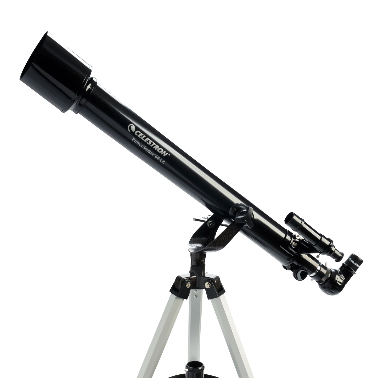 Celestron Powerseeker 60 AZ teleskop sort, azimutal montering på stativ, lille søgekikkert ved okularet.