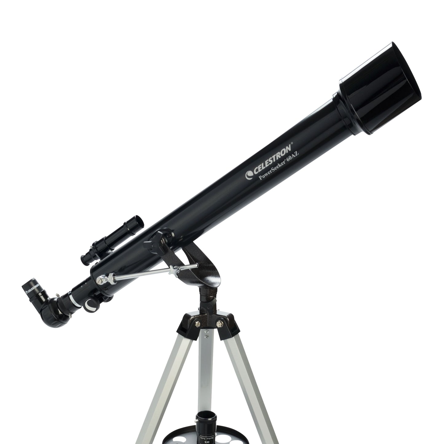 Celestron Powerseeker 60 AZ sort teleskop på sølvfarvet stativ med azimutal montering, vinklet opad.
