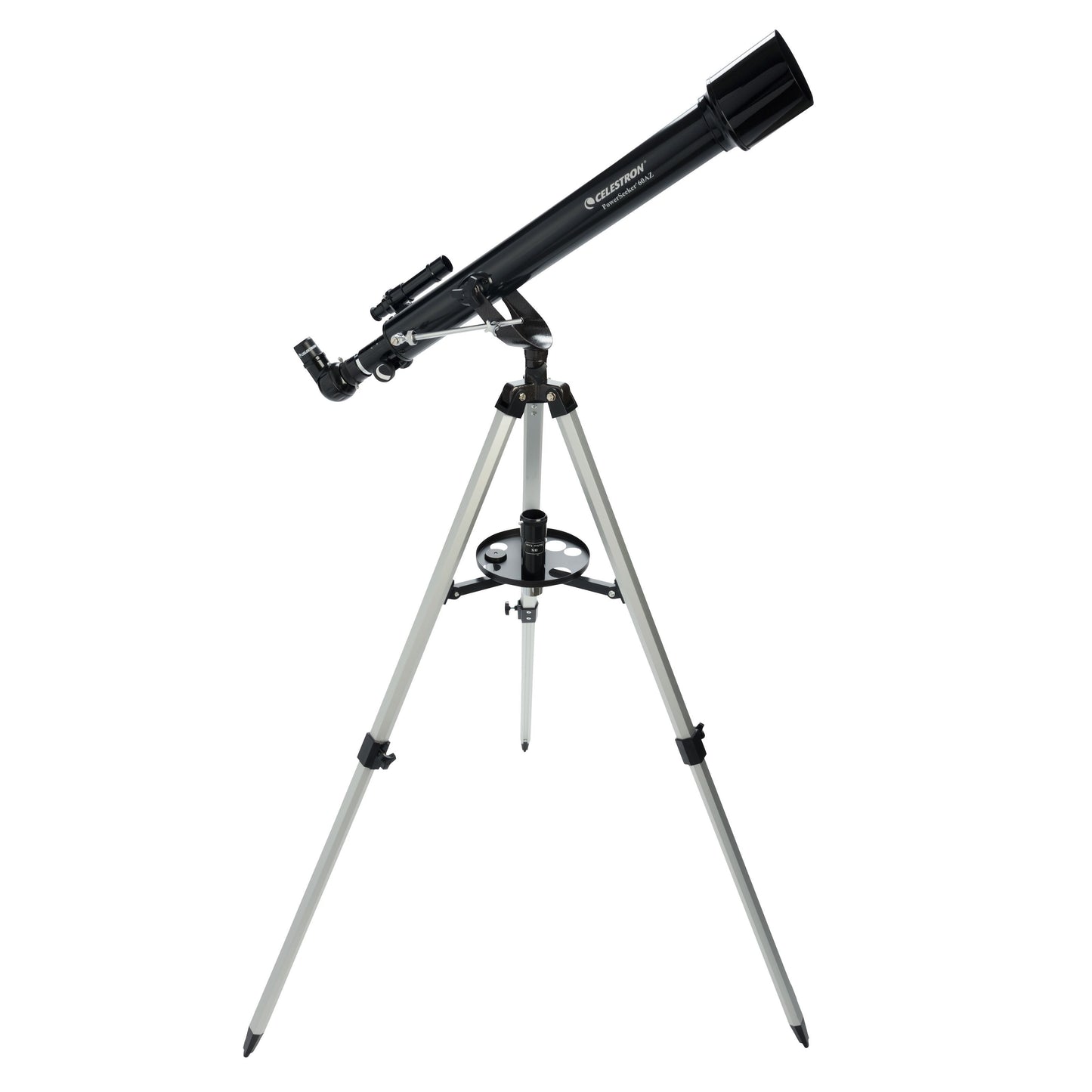 Celestron Powerseeker 60 AZ teleskop med azimutmontering, sort design, sølv trefod med justeringsgreb og tilbehørsbakke.