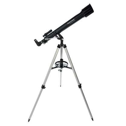 Celestron Powerseeker 60 AZ teleskop med azimutmontering, sort design, sølv trefod med justeringsgreb og tilbehørsbakke.