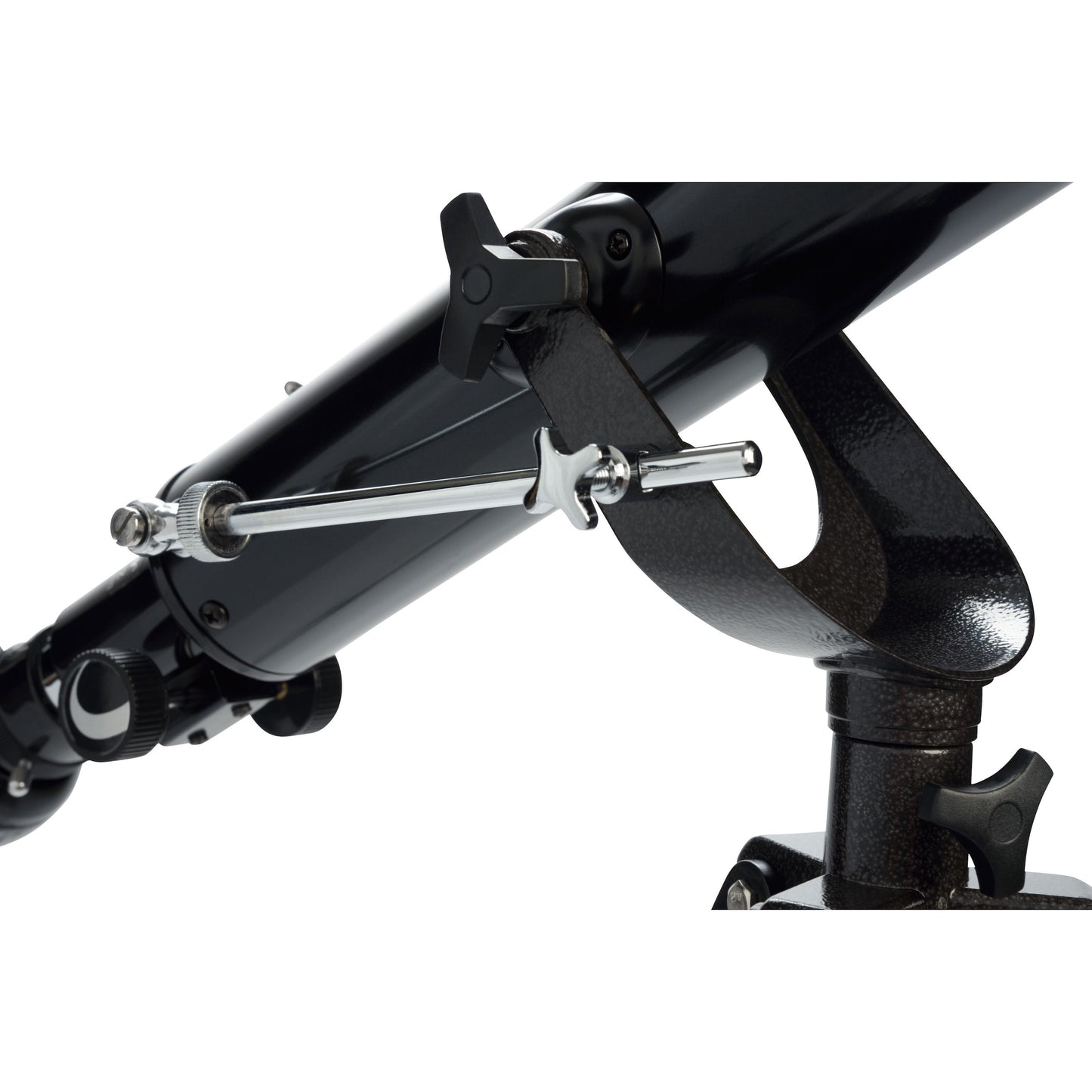 Celestron Powerseeker 60 AZ teleskop på trefod med justeringsknapper, metalstøtte og azimutmontering.