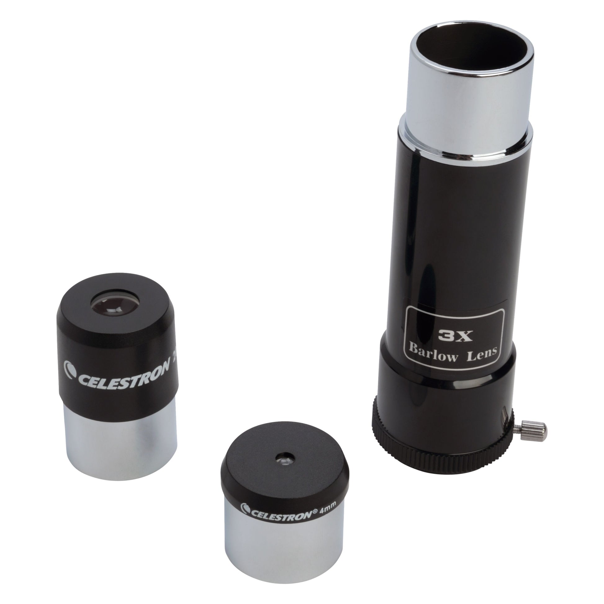 Celestron sorte og sølv okularer med 3X Barlow linse, Celestron-logo og modeloplysninger, til Powerseeker 60 AZ.