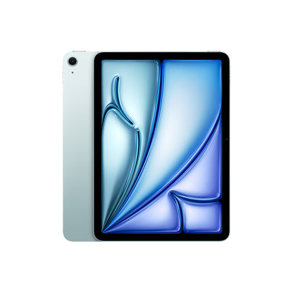 Apple iPad Air 11" (M4) blå, 128 GB Wifi, tynde rammer, afrundede hjørner foran sølvfarvet tablet med abstrakt skærm.