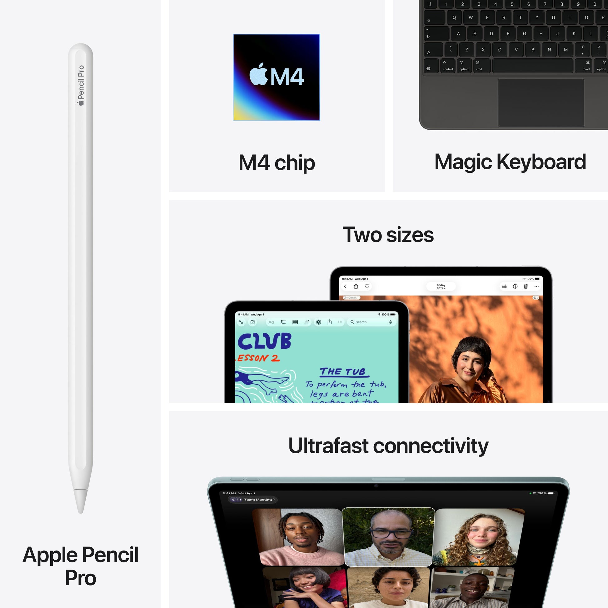 Apple iPad Air 11" M4 128GB WiFi blå med Magic Keyboard, Liquid Retina-skærm, videoopkald og kreative apps vises.