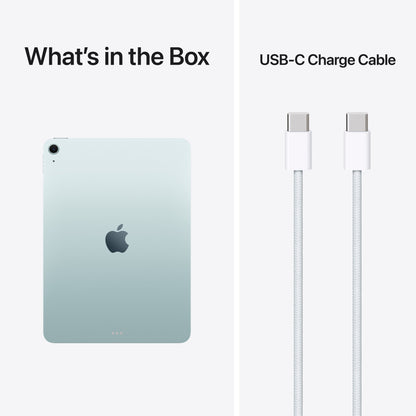 Apple iPad Air 11" M4 blå, 128GB Wifi, bagside med USB-C opladerkabel, teksten "What's in the Box" og "USB-C Charge Cable.