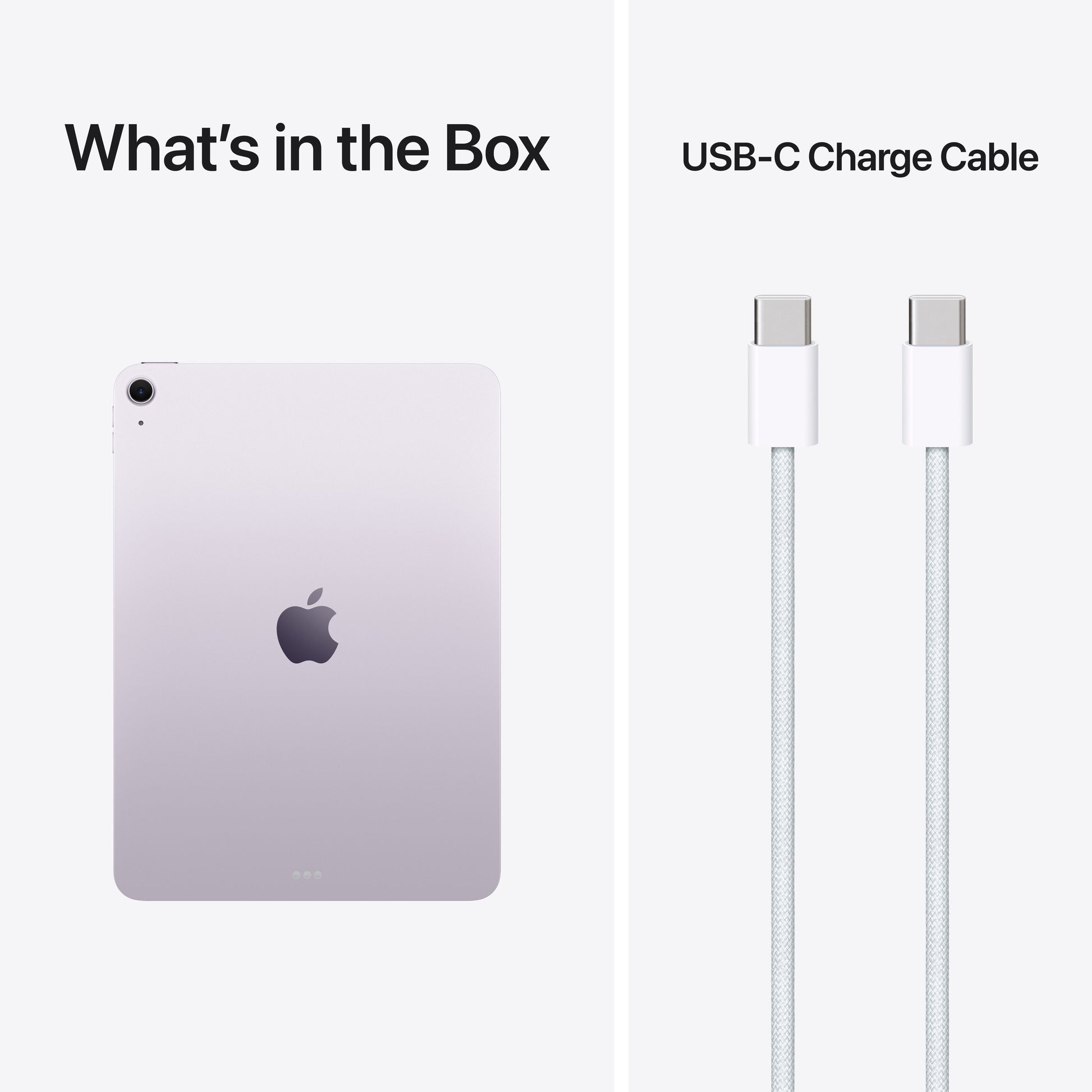 Apple iPad Air 11" M4 128GB Wifi lilla, Liquid Retina-skærm, hvid USB-C til USB-C opladerkabel, "USB-C Charge Cable" tekst.