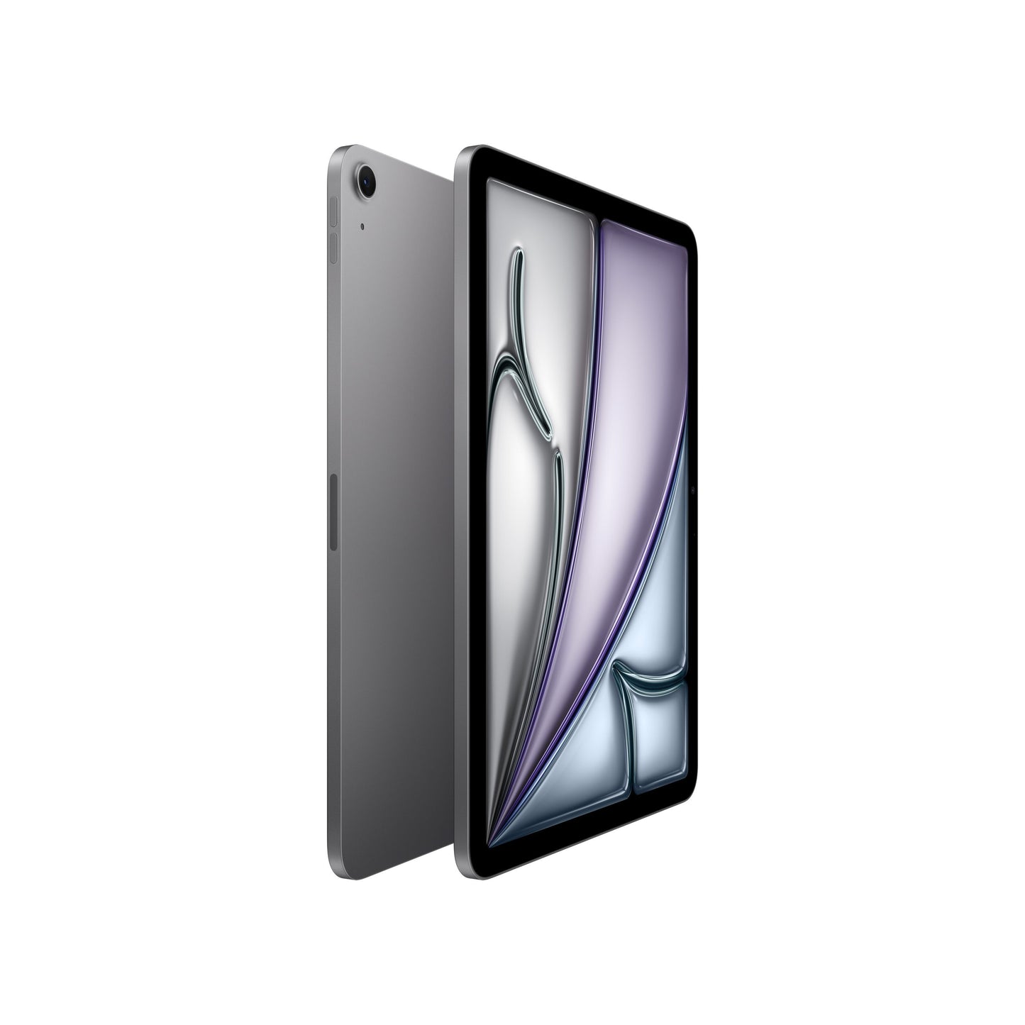 Apple iPad Air 11" (M4) 128GB Wifi rumgrå vises forfra og bagfra med grå bagside, sort kant og farverig skærm.