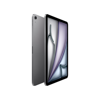 Apple iPad Air 11" (M4) 128GB Wifi rumgrå vises forfra og bagfra med grå bagside, sort kant og farverig skærm.