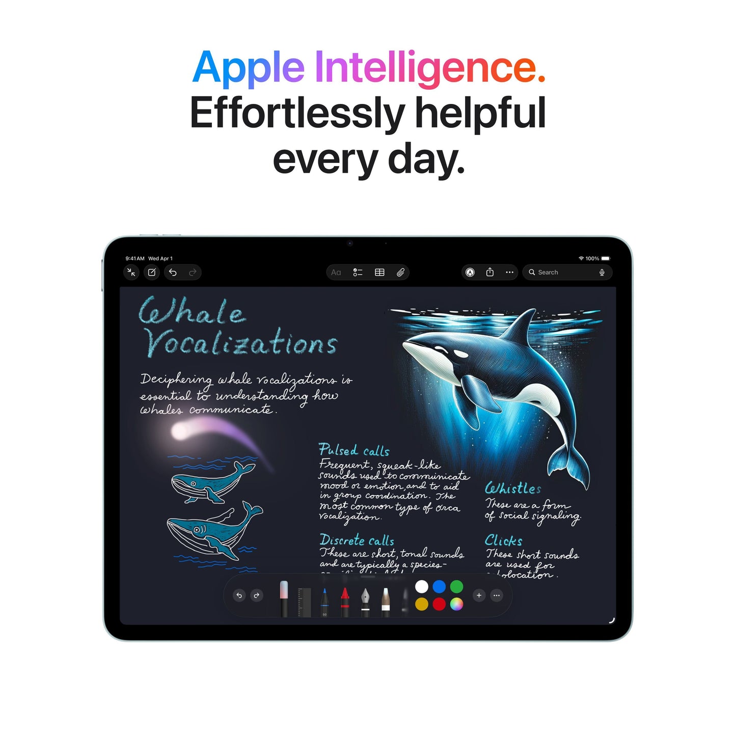 Apple iPad Air 11" (M4) 128GB Wifi rumgrå med håndskrevne noter, hvaltegninger og tekst: Apple Intelligens.