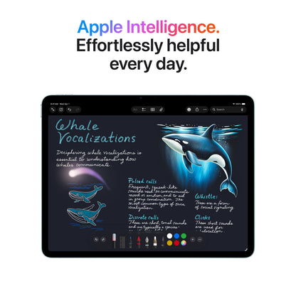Apple iPad Air 11" (M4) 128GB Wifi rumgrå med håndskrevne noter, hvaltegninger og tekst: Apple Intelligens.