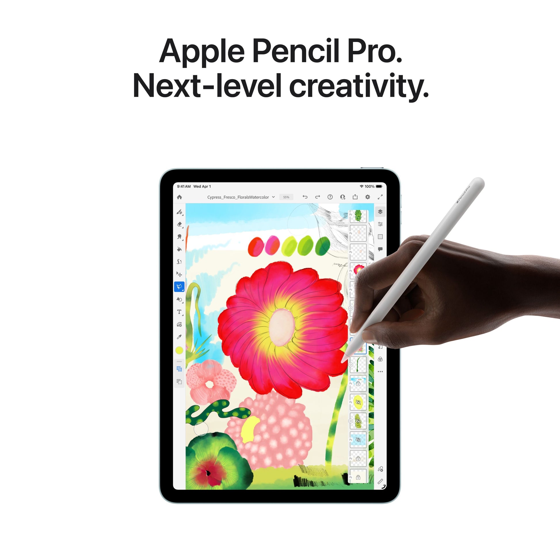 Apple Pencil Pro tegner blomst på Apple iPad Air 11" (M4) 128 GB Wifi Rumgrå, tekst: Apple Pencil Pro.