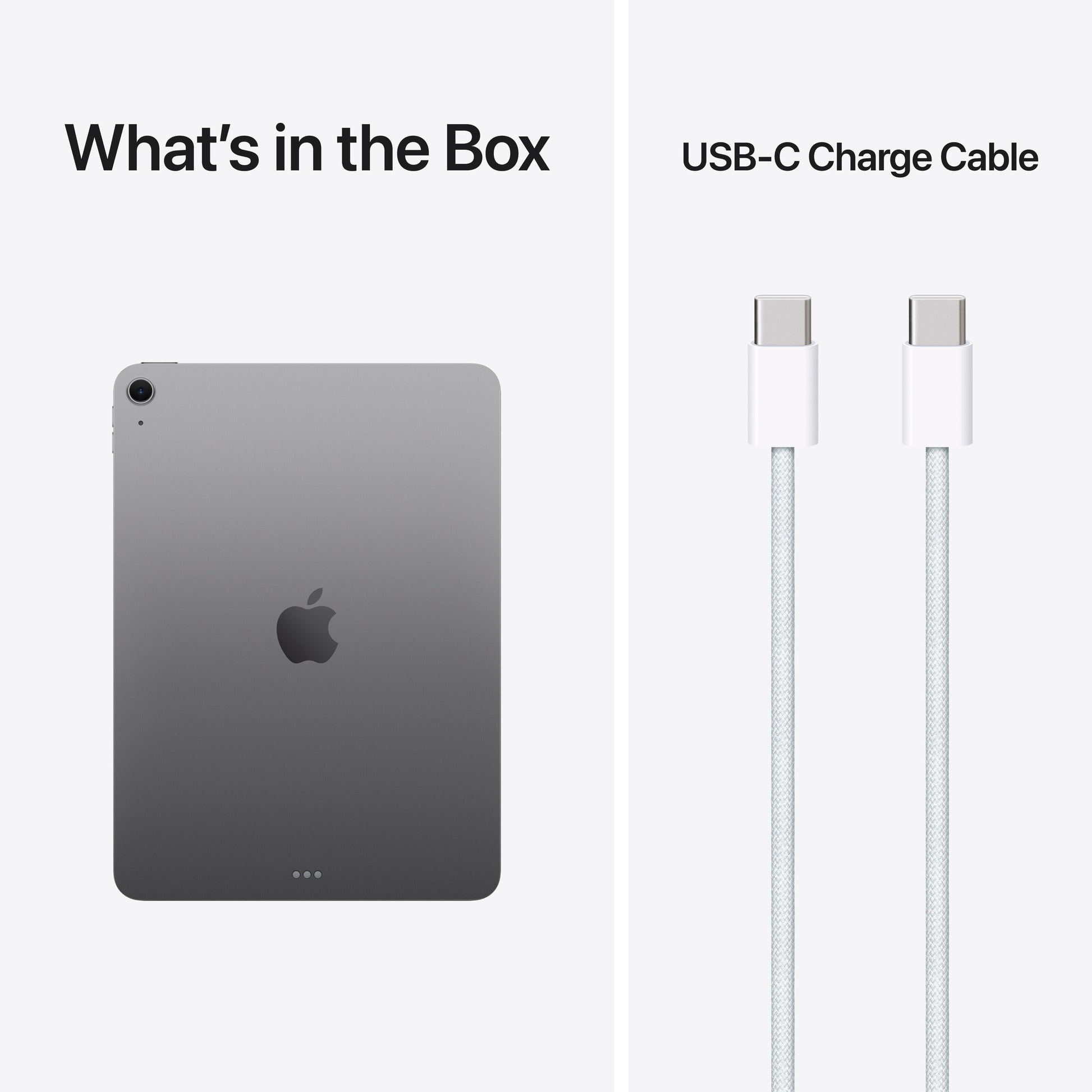 Apple iPad Air 11" M4 128GB Wifi rumgrå til venstre, hvid USB-C opladerkabel til højre.