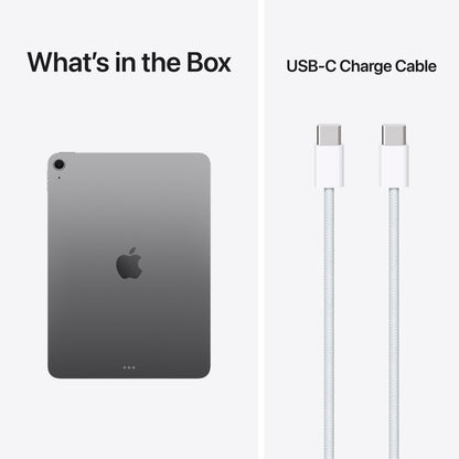 Apple iPad Air 11" M4 128GB Wifi rumgrå til venstre, hvid USB-C opladerkabel til højre.