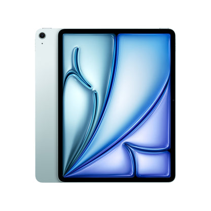 Apple iPad Air 13" M4 blå, 128GB WiFi, let vinklet med abstrakt blå skærmbaggrund og bagside med bagkamera.