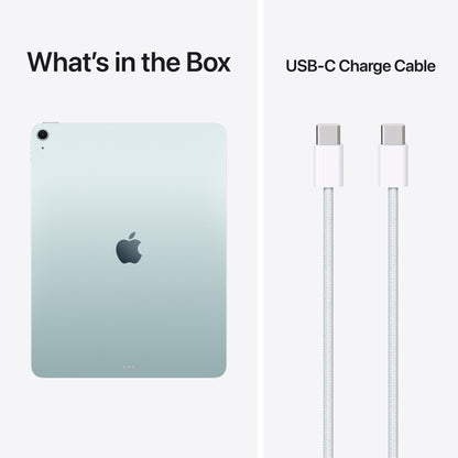 Apple iPad Air 13" (M4) 128GB Wifi Blå med USB-C opladningskabel, tablet og kabel vist samlet i æsken.