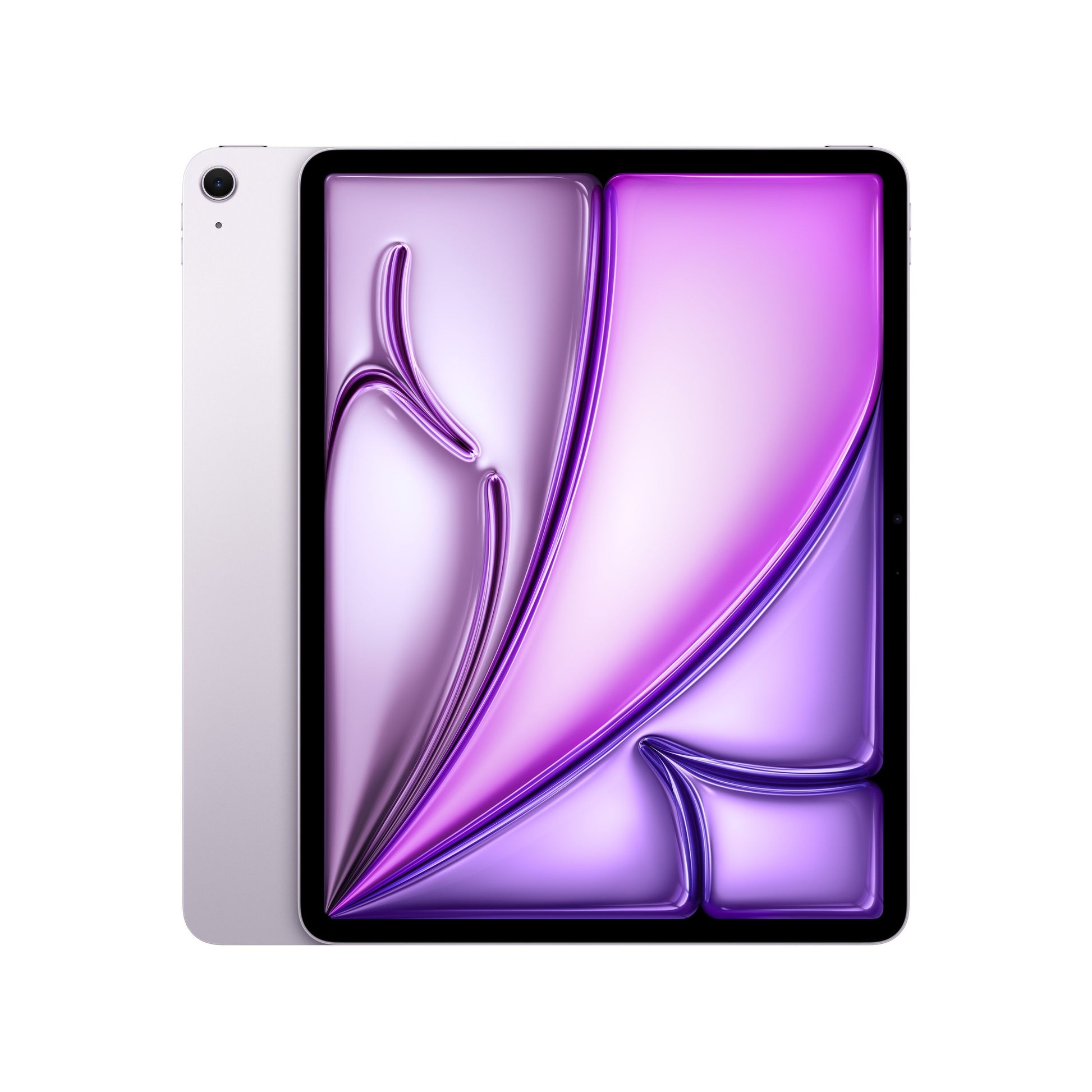 Apple iPad Air 13" (M4) 128GB WiFi lilla vist forfra og bagfra med stor skærm og abstrakte lilla-rosa swirls.