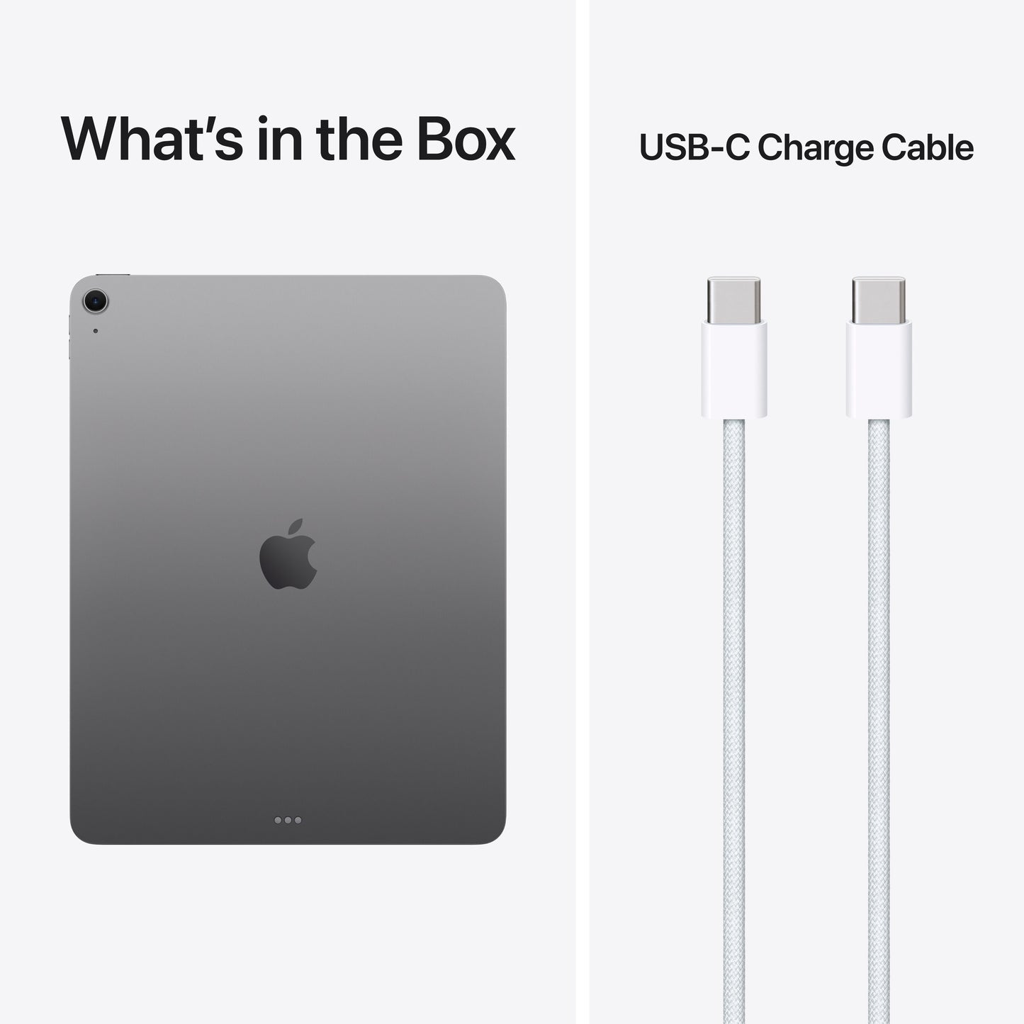 Apple iPad Air 13" (M4) rumgrå 128 GB Wifi bagside, Liquid Retina-skærm, USB-C ladekabel, tekst over hver del.