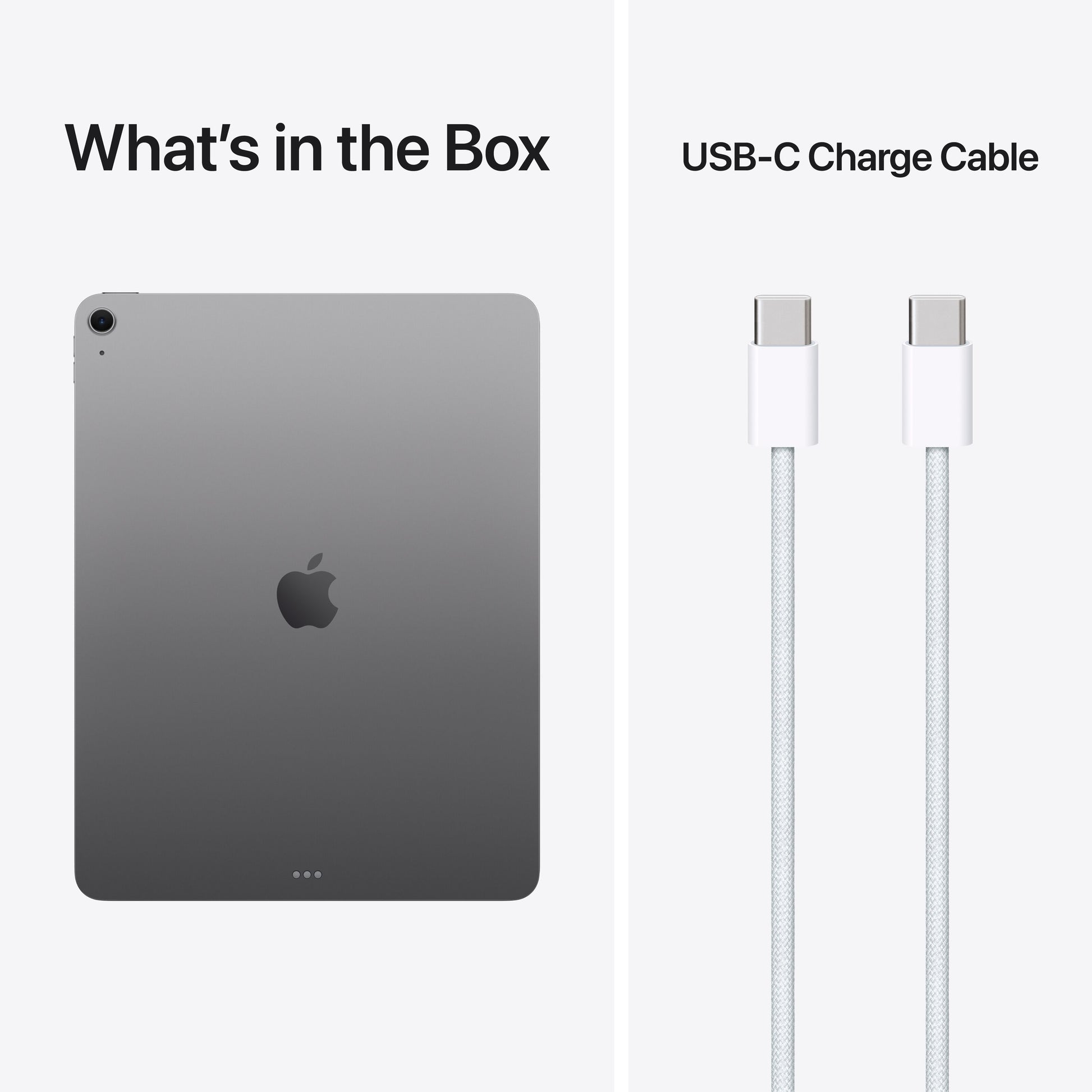 Apple iPad Air 13" (M4) rumgrå 128 GB Wifi bagside, Liquid Retina-skærm, USB-C ladekabel, tekst over hver del.