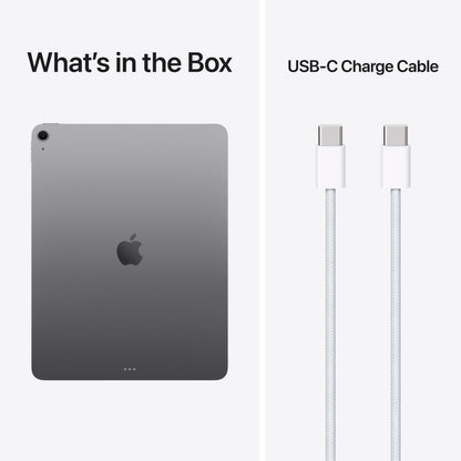Apple iPad Air 13" (M4) rumgrå 128 GB Wifi bagside, Liquid Retina-skærm, USB-C ladekabel, tekst over hver del.