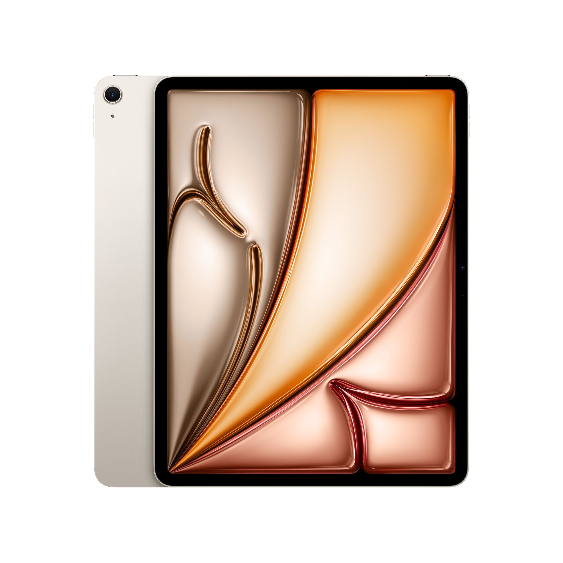 Apple iPad Air 13" (M4) 128 GB WiFi Stjerneskær vist forfra og bagfra med farverig abstrakt wallpaper på skærmen.