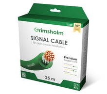 Grimsholm Fortinnet Signalkabel Premium 25m, grøn/hvid æske, fortinnet kobber, ikoner for ledningsevne og korrosionsbestandighed.