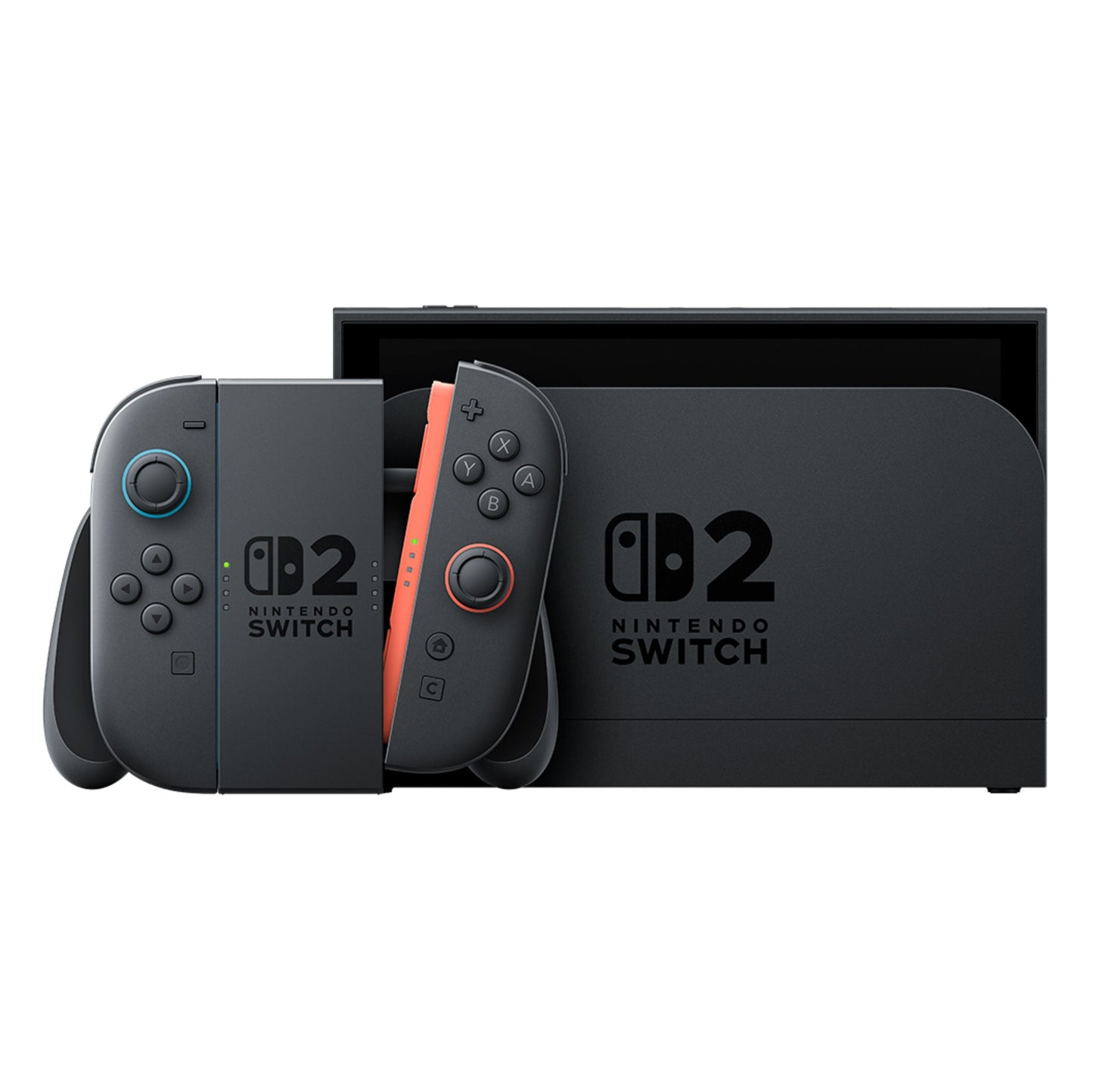 Nintendo Switch 2 Spillekonsol 7,9" med sort og rød Joy-Con på sort greb foran dock med Nintendo Switch-logo og tekst.
