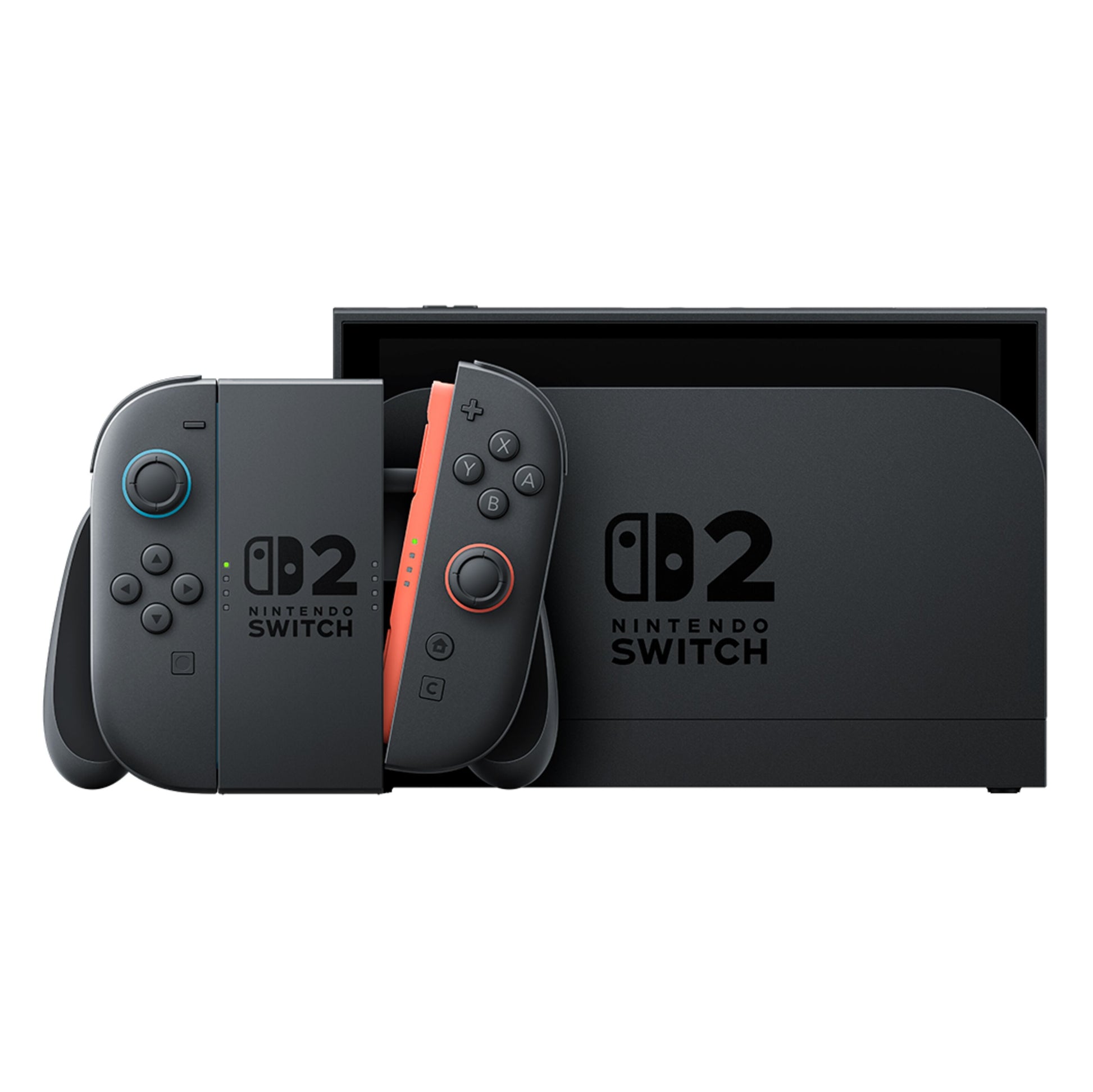 Nintendo Switch 2 Spillekonsol 7,9" med sort og rød Joy-Con på sort greb foran dock med Nintendo Switch-logo og tekst.