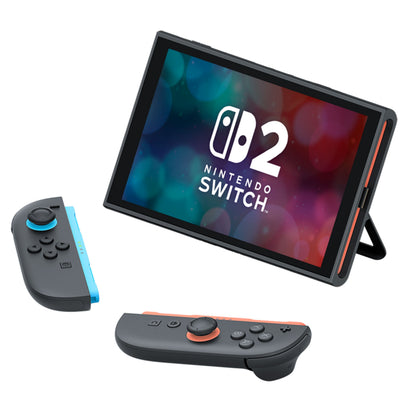 Nintendo Switch 2 Spillekonsol 7,9" stående på kickstand med blå og rød Joy-Con fjernet.