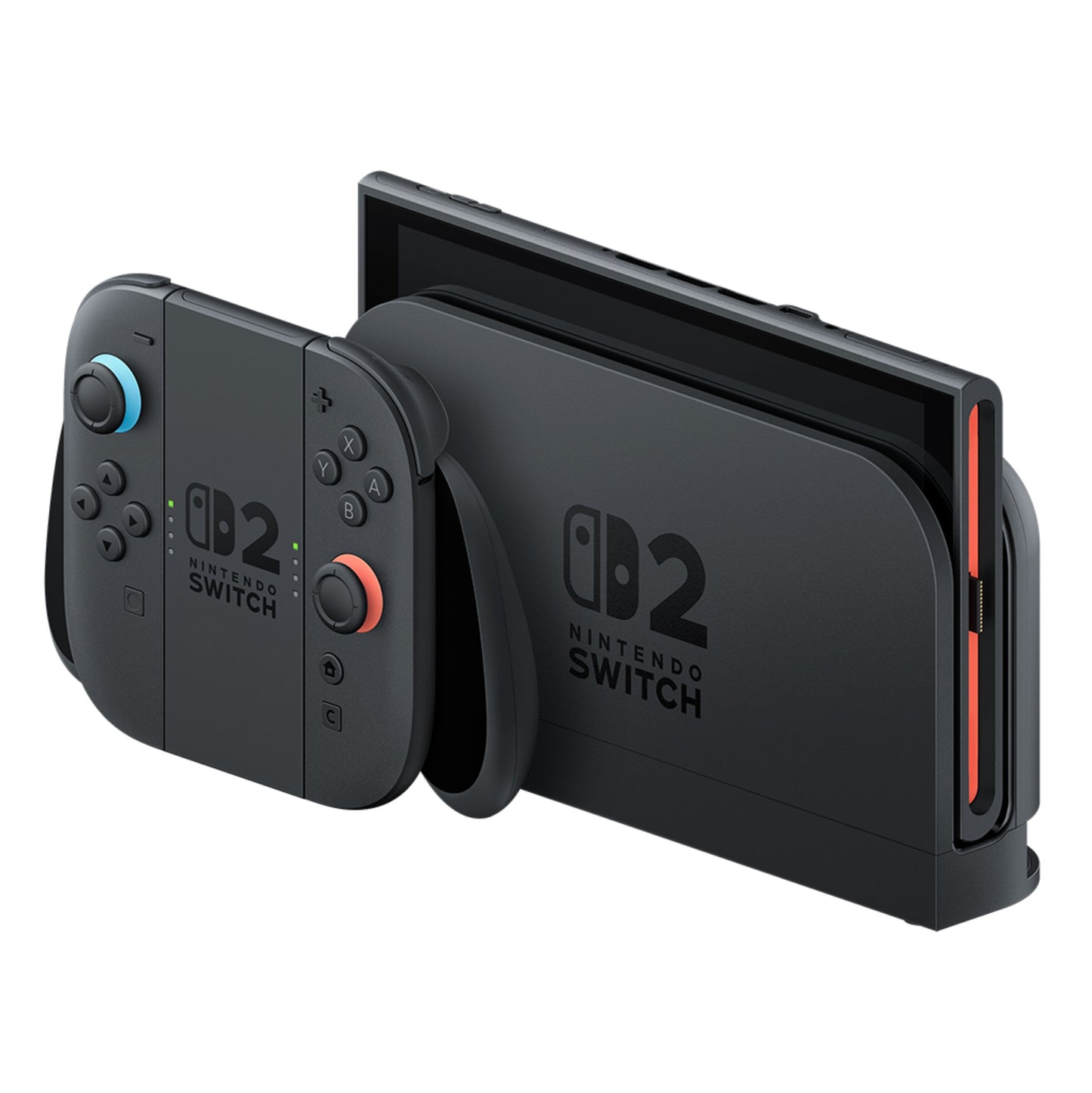 Nintendo Switch 2 spil-konsol 7,9", sort, Joy-Con controllere, dockes i opladerstation, "Nintendo Switch 2"-logo.