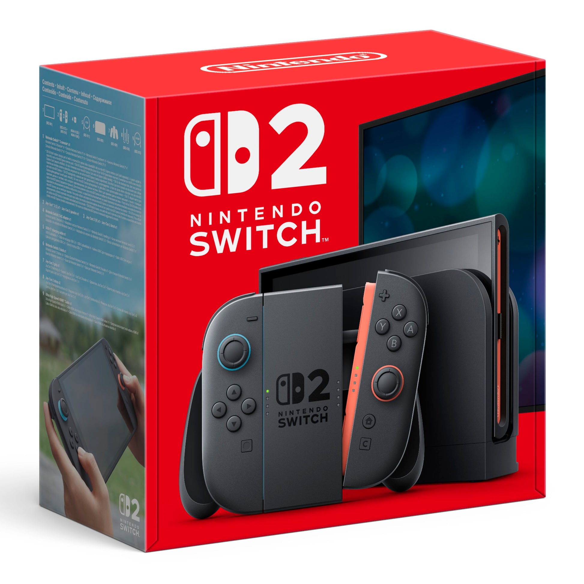 Nintendo Switch 2 Spillekonsol 7,9" rød æske med Joy-Con controllere, Nintendo Switch 2 logo og konsolbilleder.