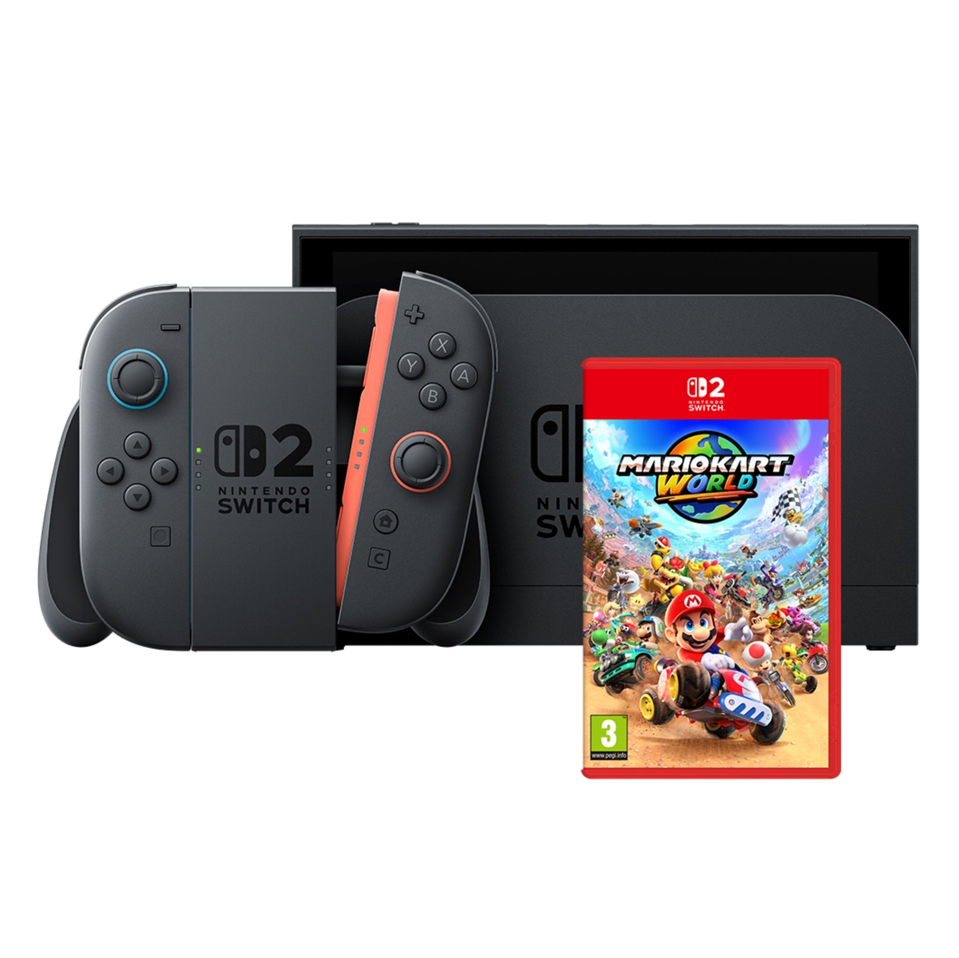 Nintendo Switch 2 spillekonsol 7,9" med Mario Kart World Bundle og tilbehør.