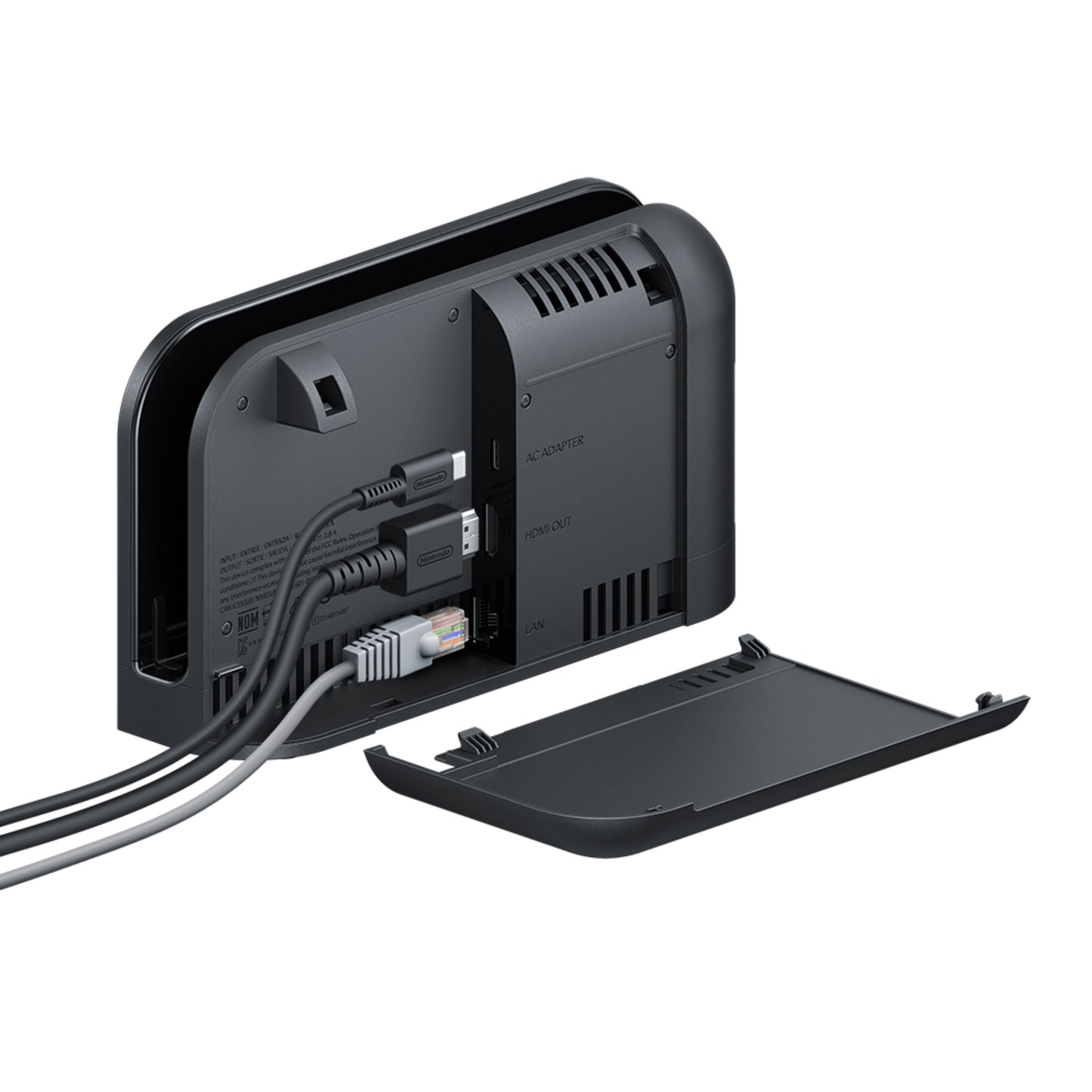 Nintendo Switch 2 Spillekonsol 7,9" sort med bagcover fjernet, synlige porte til AC adapter, HDMI out og LAN, tilsluttede kabler.