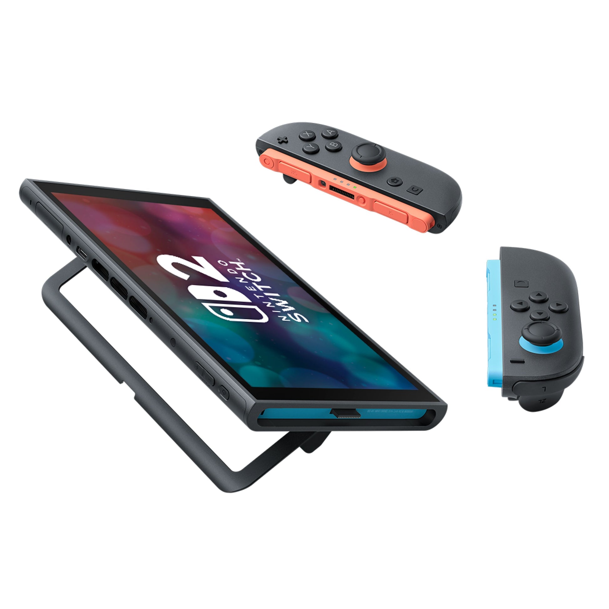 Nintendo Switch 2 Spillekonsol 7,9" Mario Kart World Bundle på stander, tændt 120Hz HDR-skærm, rød og blå Joy-Con.