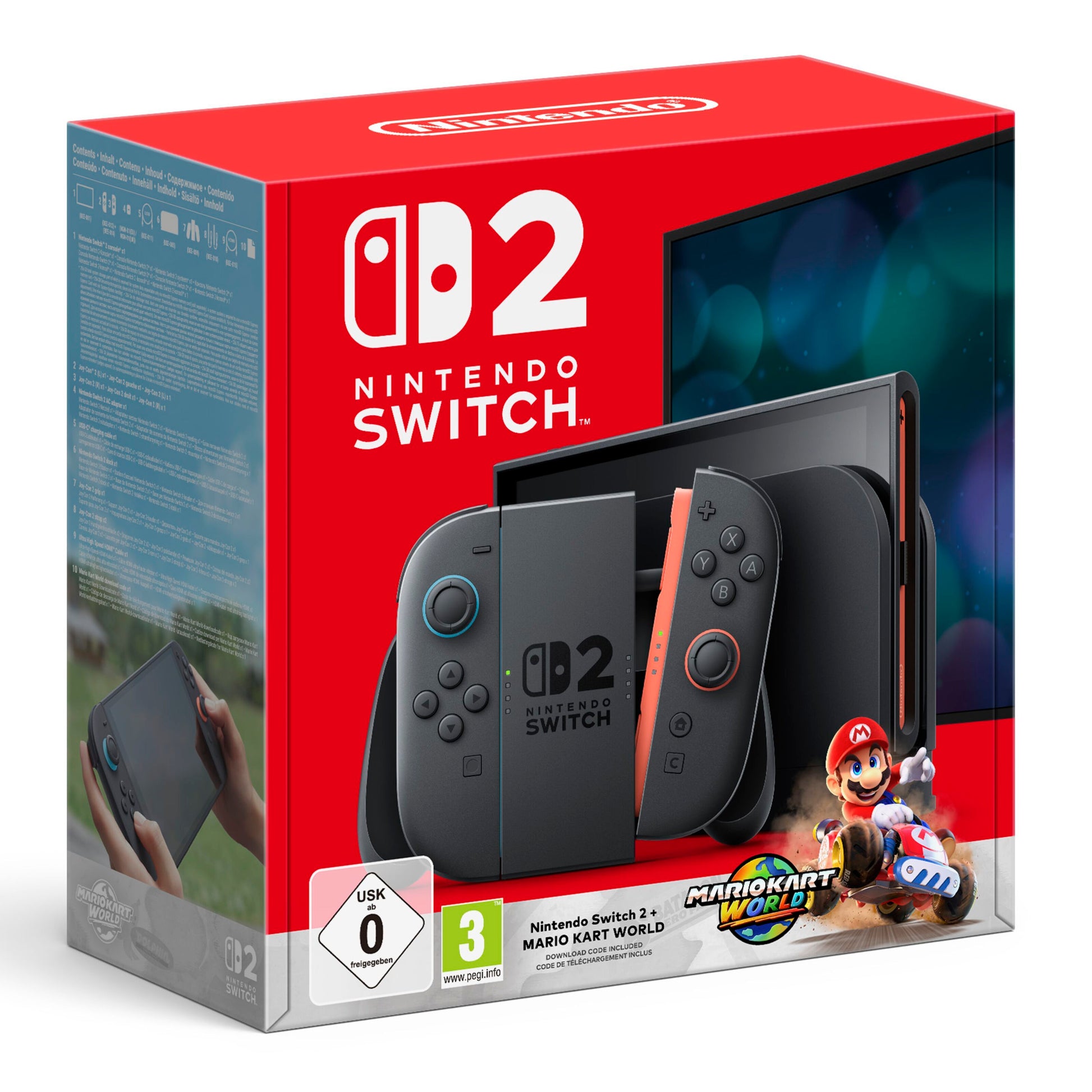 Nintendo Switch 2 7,9" Mario Kart World Bundle rød æske, rød/blå Joy-Con, 120Hz HDR-skærm, 256GB lagerplads.