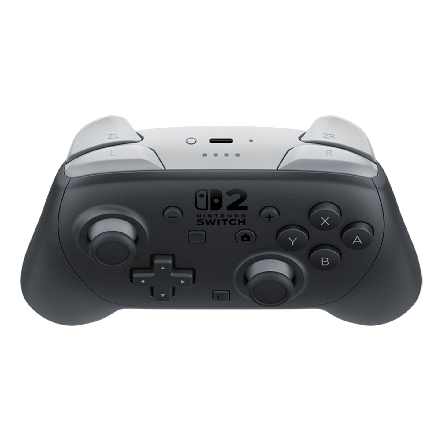 Nintendo Switch 2 Pro Controller sort, set ovenfra, med gennemsigtige skulderknapper og standard knaplayout.