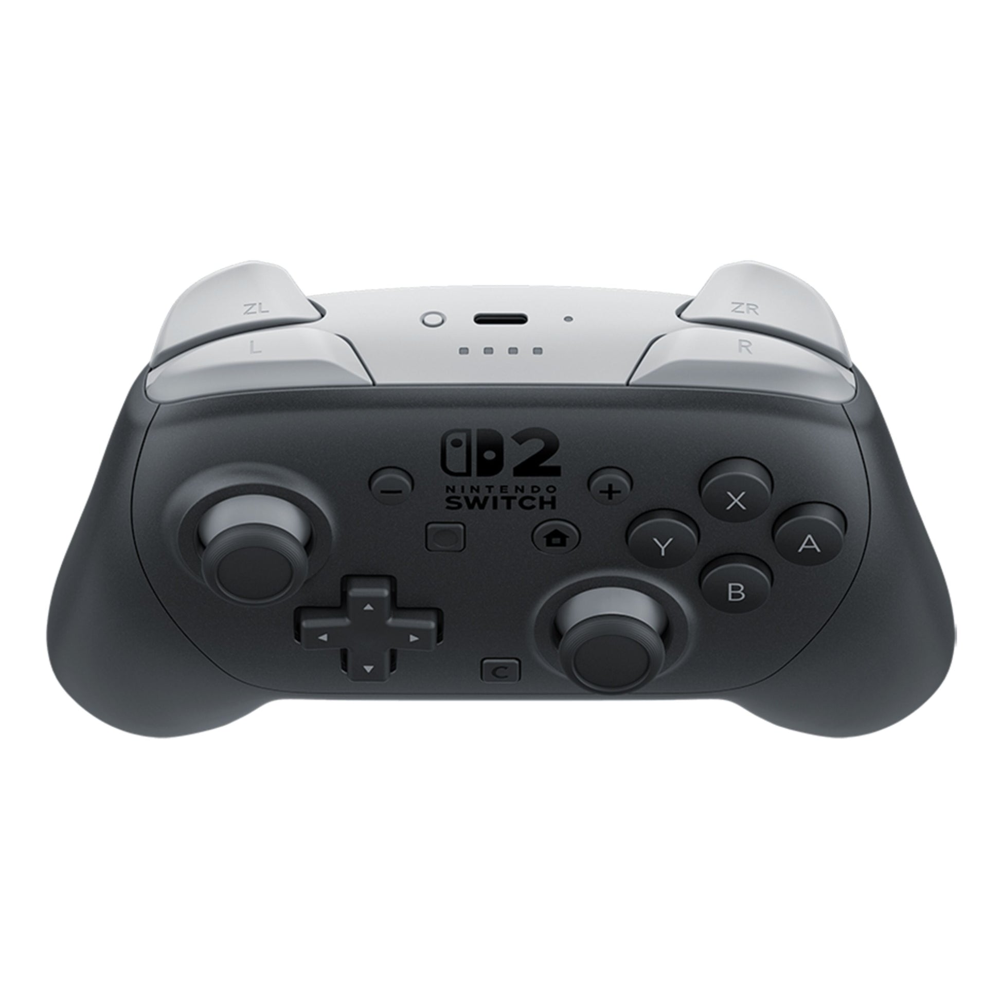 Nintendo Switch 2 Pro Controller sort, set ovenfra, med gennemsigtige skulderknapper og standard knaplayout.